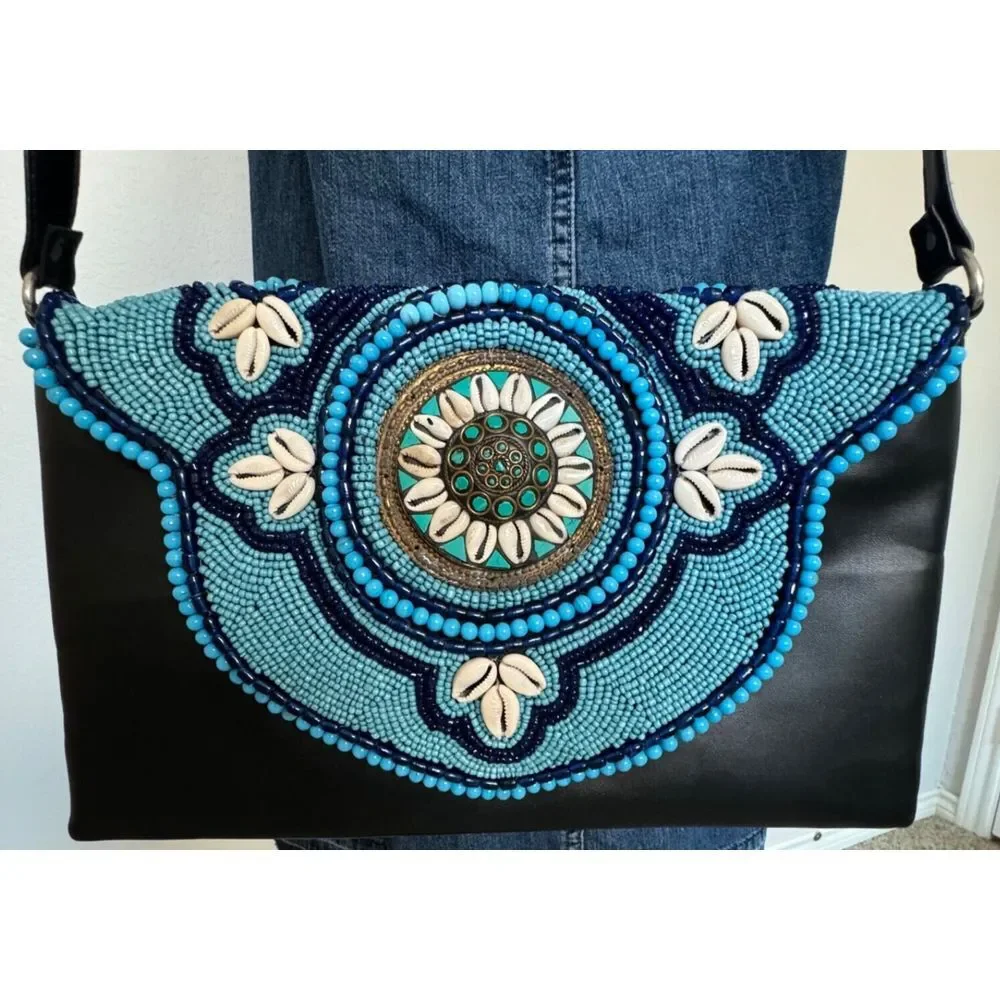 Shoulder Handbag Black with‎ Beaded Art Blue Turquoise Beads Sea Shells Design
